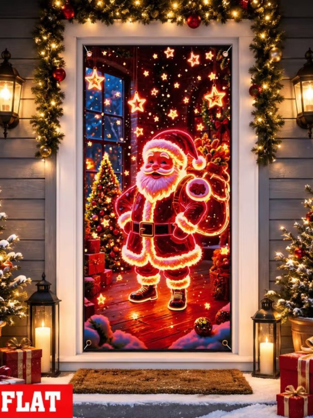 71 x 35 2D Holiday Door Banner Festive Christmas Santa, Tree and Packages